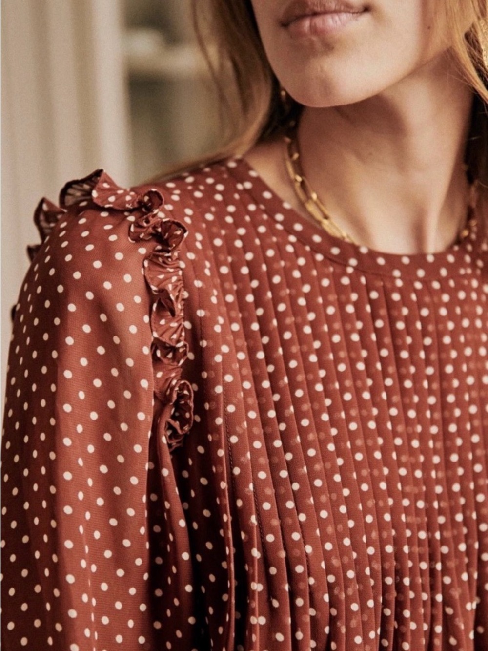 Sézane Eva Blouse Mocha White Polka Dot French Viscose Ruffle Blouse 34 XS 2